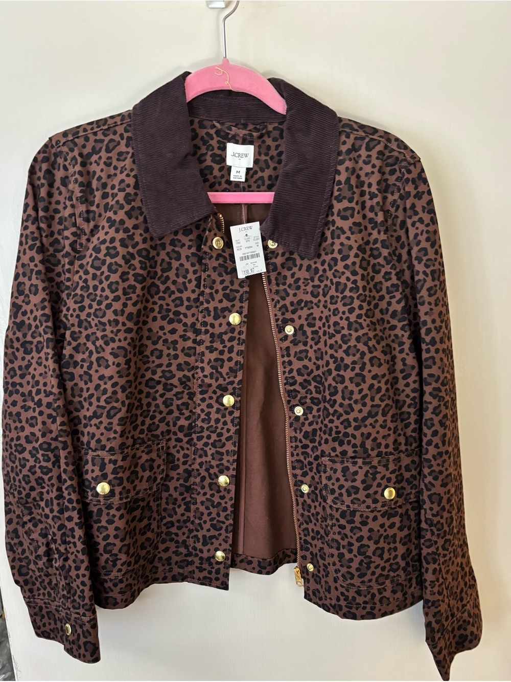 J. Crew Brown Leopard-Print Utility Jacket with Dark Brown Corduroy Collar